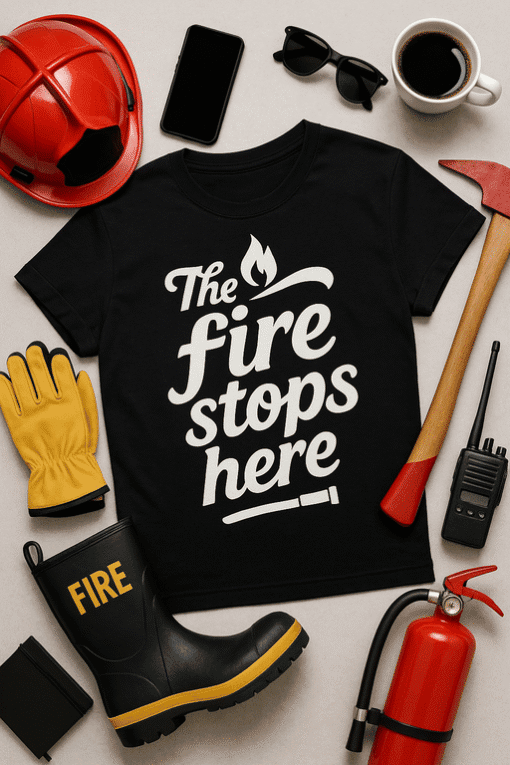 Fire stop safety T-shirt for firefighters and safety enthusiasts.