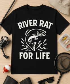 1. Funny fishing t-shirt with river rat design, perfect for anglers and fishing enthusiasts.