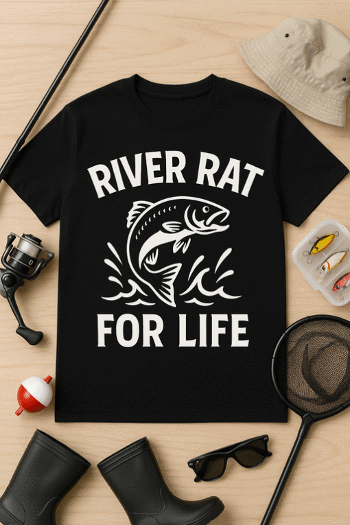 1. Funny fishing t-shirt with river rat design, perfect for anglers and fishing enthusiasts.