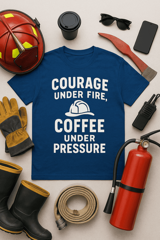 Firefighter T-shirt with courage, fire, and coffee quote, perfect for emergency service workers.