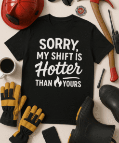 Workplace humor T-shirt with fiery print slogan about shifts and heat, perfect for casual workwear and gift ideas.