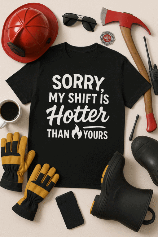 Workplace humor T-shirt with fiery print slogan about shifts and heat, perfect for casual workwear and gift ideas.