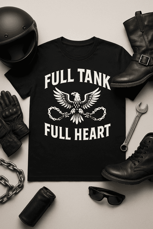 Bold eagle motorcycle T-shirt with "Full Tank Full Heart" slogan for bikers and motorcycle enthusiasts.