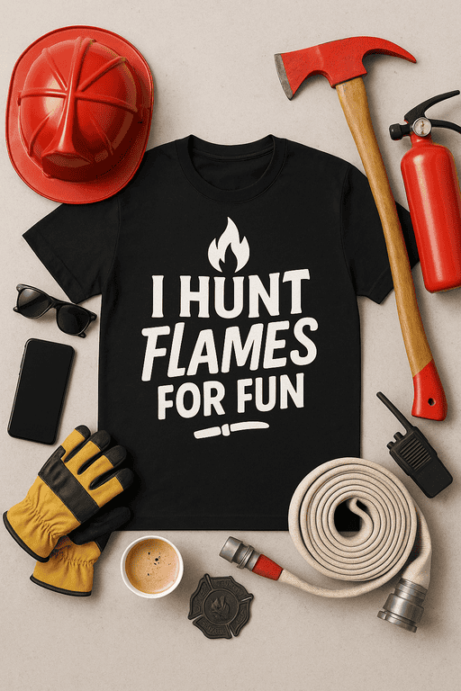 Firefighter themed T-shirt with "I Hunt Flames for Fun" slogan, surrounded by firefighting gear and tools.