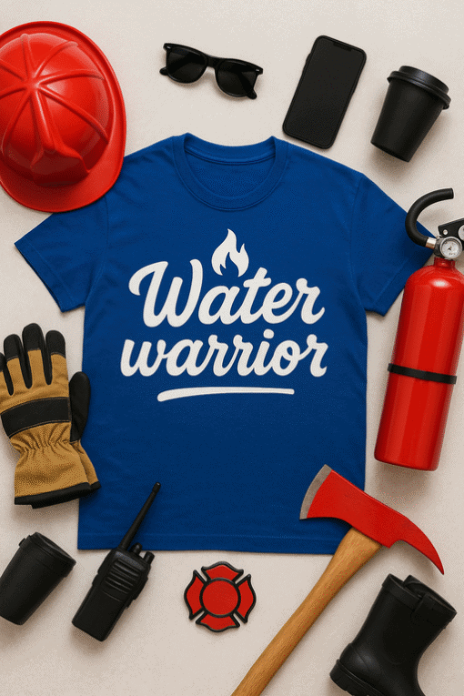 Water warrior firefighter tee shirt for emergency responders and fire safety enthusiasts.