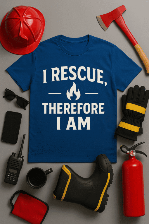 Rescue firefighter t-shirt with fire icon, safety gear, and emergency equipment on gray background.