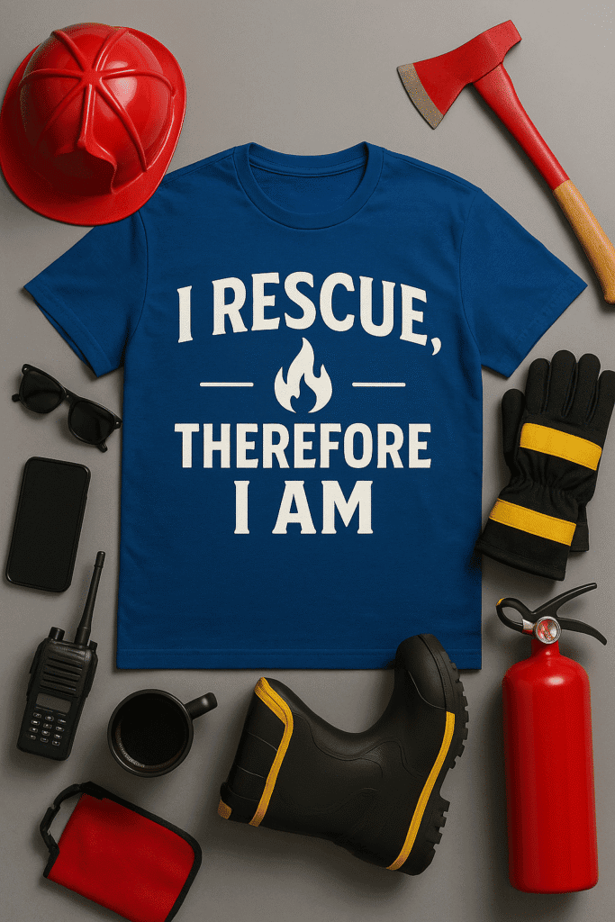 Rescue firefighter t-shirt with fire icon, safety gear, and emergency equipment on gray background.