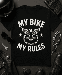 1. Black T-shirt with "My Bike My Rules" slogan and eagle graphic for motorcycle enthusiasts.