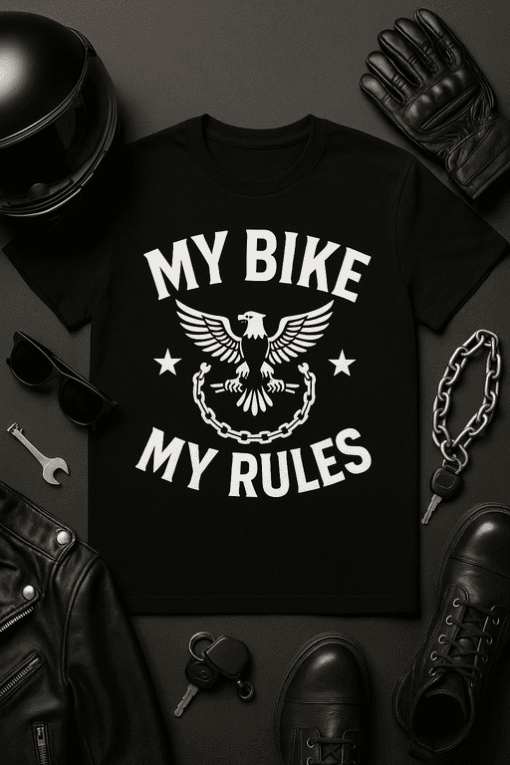 1. Black T-shirt with "My Bike My Rules" slogan and eagle graphic for motorcycle enthusiasts.