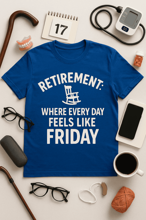 Relaxed retirement T-shirt with rocking chair graphic for senior casual wear.