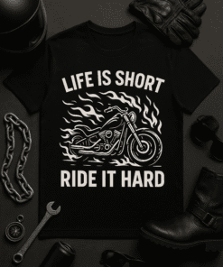 1. Motorcycle graphic T-shirt with the slogan "Life is Short, Ride it Hard".