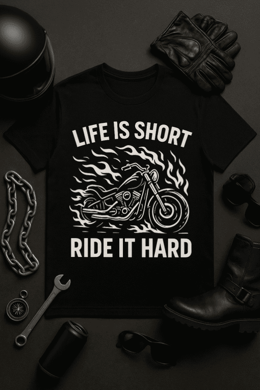 1. Motorcycle graphic T-shirt with the slogan "Life is Short, Ride it Hard".