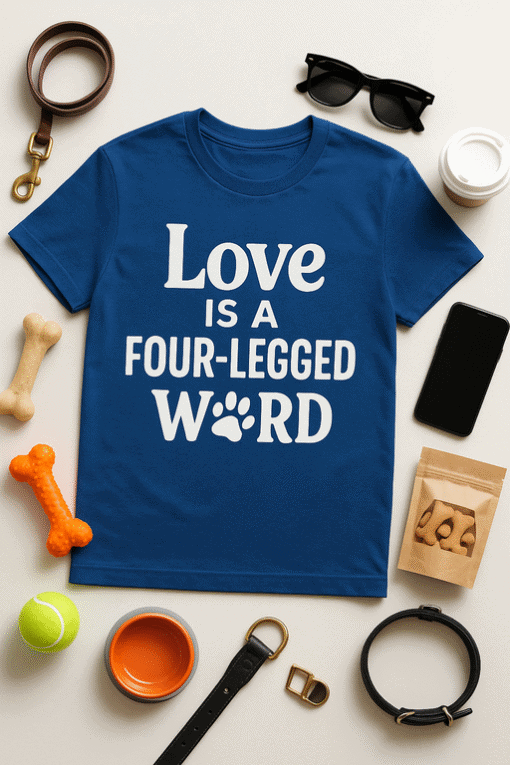 Love is a four-legged word t-shirt for dog lovers, funny pet-themed apparel for animal enthusiasts.