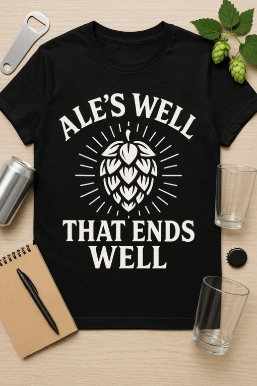 Ale's Well That Ends Well T-shirt, humorous beer-themed graphic tee for casual wear.