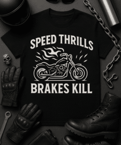 Speed thrills, brakes kill t-shirt for motorcycle enthusiasts and biker gear fans.