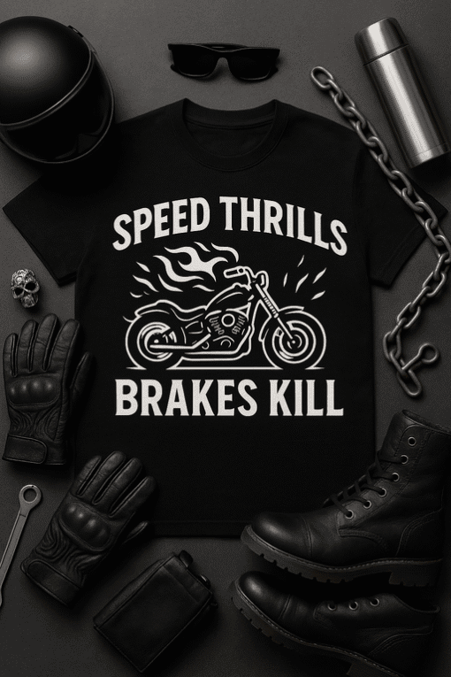 Speed thrills, brakes kill t-shirt for motorcycle enthusiasts and biker gear fans.