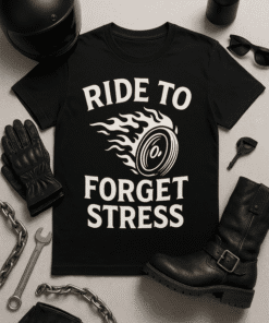 Ride to forget stress racing t-shirt with flame speaker graphic for bikers and motorcycle enthusiasts.