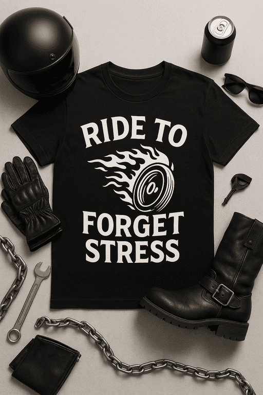 Ride to forget stress racing t-shirt with flame speaker graphic for bikers and motorcycle enthusiasts.