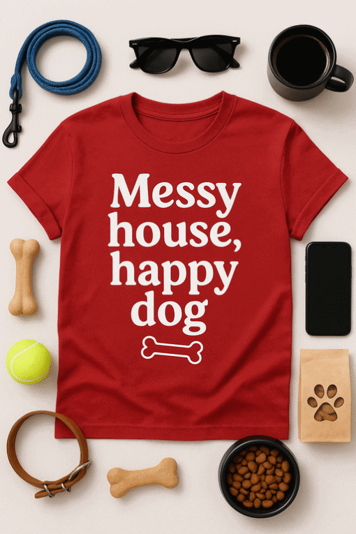 Messy house happy dog t-shirt, dog lover gift, pet owner apparel, funny dog lover T-shirt.