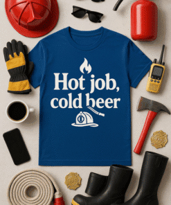 A fire helmet, sunglasses, fire extinguisher, walkie-talkie, work gloves, coffee, smartphone, axe, firefighter coins, boots, and a fire hose with a T-shirt.