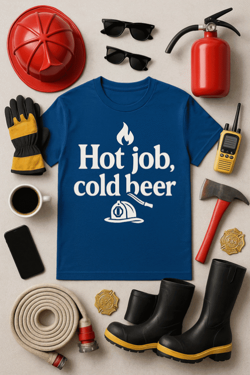 A fire helmet, sunglasses, fire extinguisher, walkie-talkie, work gloves, coffee, smartphone, axe, firefighter coins, boots, and a fire hose with a T-shirt.
