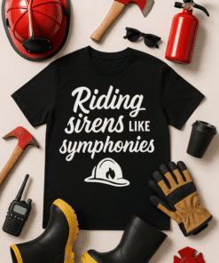 Fire extinguisher, safety helmet, work gloves, work boots, hammer, sunglasses, walkie-talkie, coffee cup, red fire alarm, T-shirt with "Riding sirens like symphonies".