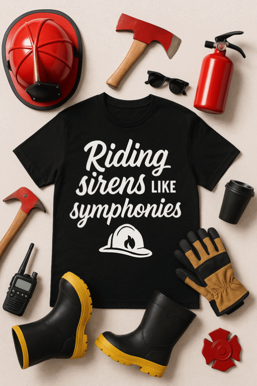 Fire extinguisher, safety helmet, work gloves, work boots, hammer, sunglasses, walkie-talkie, coffee cup, red fire alarm, T-shirt with "Riding sirens like symphonies".
