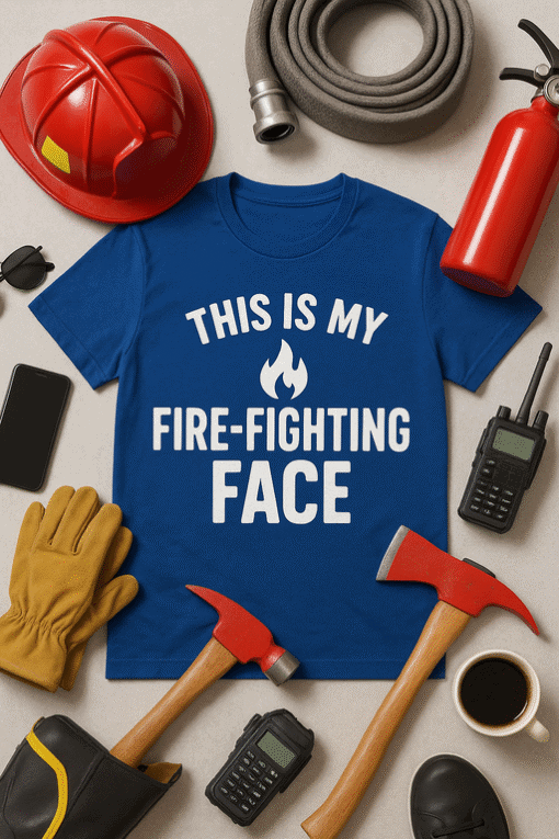 Firefighter T-shirt with flames graphic for emergency service heroes.