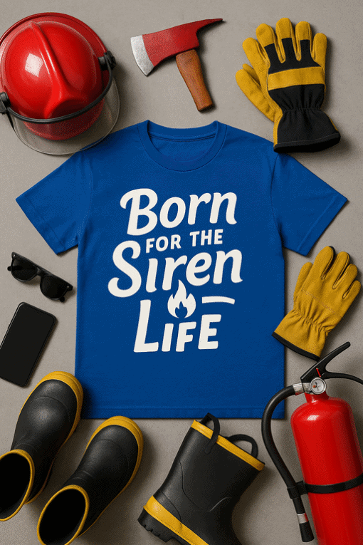Firefighter t-shirt with "Born for the Siren Life" slogan, safety gear, and tools. Perfect for fire service and rescue heroes.