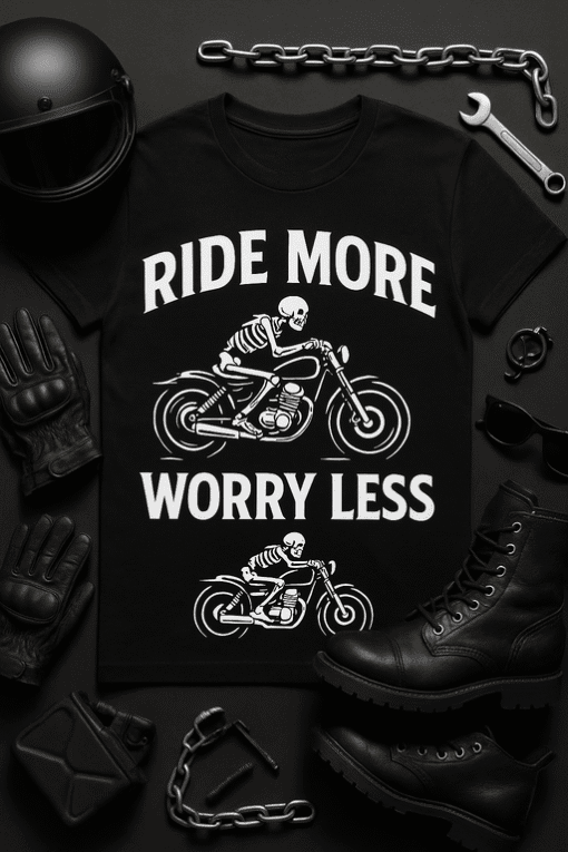 Skull biker t-shirt with motorcycle graphic, ideal for motorcycle enthusiasts and biker fashion.