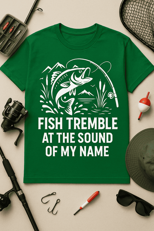 Baitfish T-shirt with fishing quote - Fish Tremble at the Sound of My Name.
