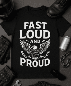 Bold black T-shirt with "Fast Loud and Proud" eagle design, perfect for motorcycle and biker enthusiasts.