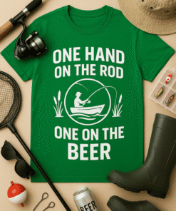 Fishing T-shirt with humorous "One Hand on the Rod, One on the Beer" graphic for outdoor enthusiasts.