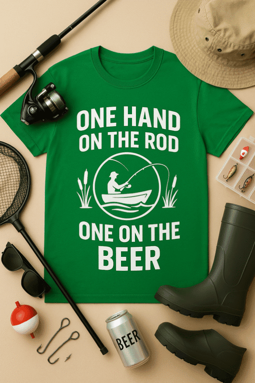 Fishing T-shirt with humorous "One Hand on the Rod, One on the Beer" graphic for outdoor enthusiasts.