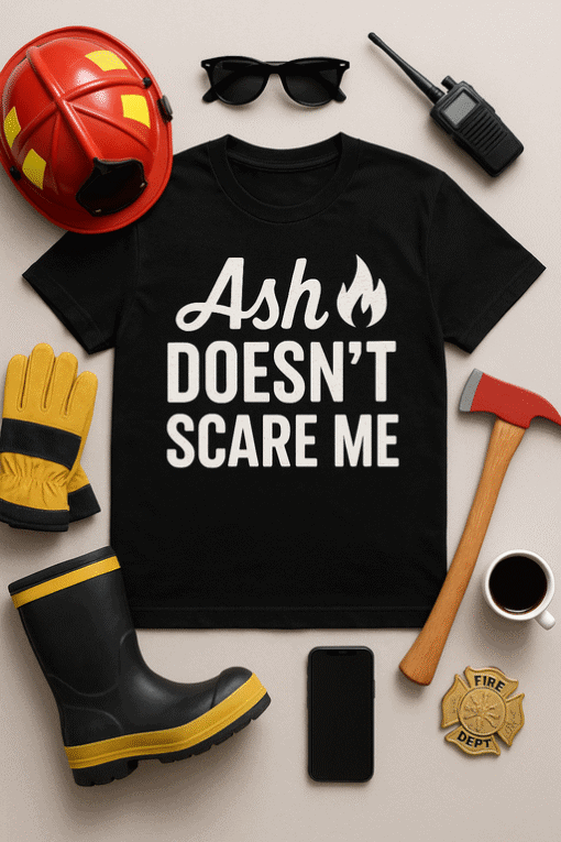 Firefighter t-shirt with safety gear and tools, firefighter apparel, firefighting accessories, firefighter outfit, firefighter clothing, fire department t-shirt.
