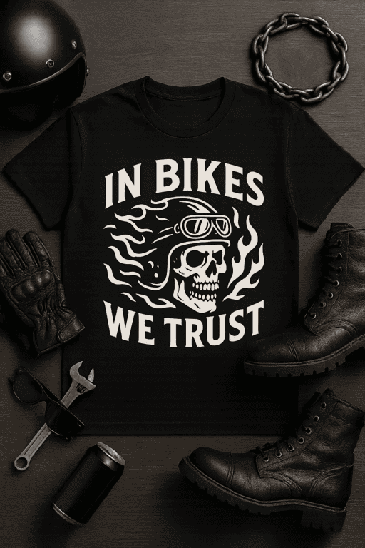 Skull with motorcycle helmet T-shirt for bikers, motorcycle riders, or biking enthusiasts.