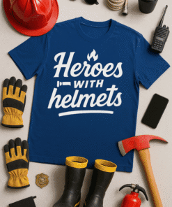 1. Workers' hero T-shirt with helmets, gloves, and safety gear, perfect for construction or industrial workers.