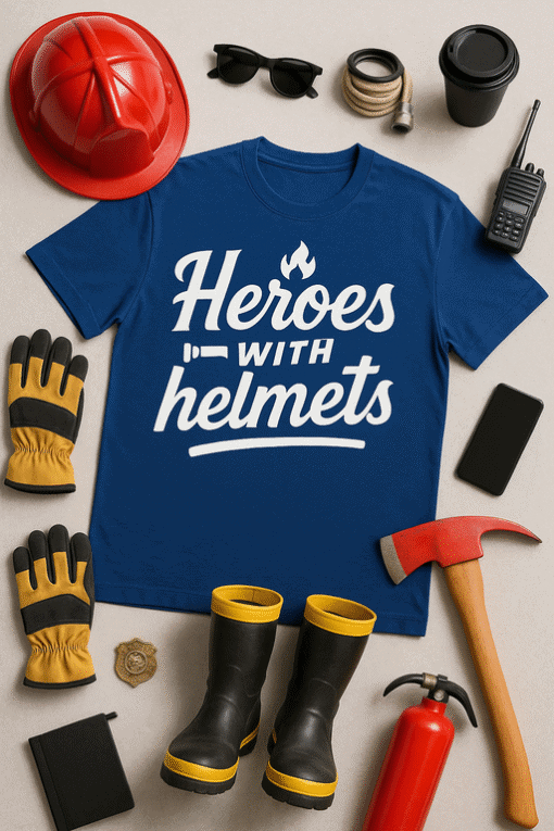 1. Workers' hero T-shirt with helmets, gloves, and safety gear, perfect for construction or industrial workers.
