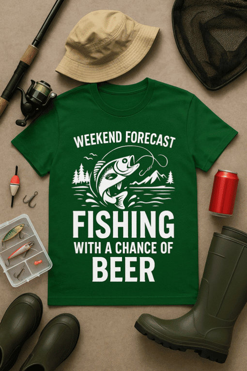 Fishing T-shirt with humorous weekend forecast design, perfect for outdoor enthusiasts.
