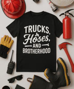 Firefighter-themed T-shirt for trucks, hoses, brotherhood, workwear, fire safety, men's T-shirt.