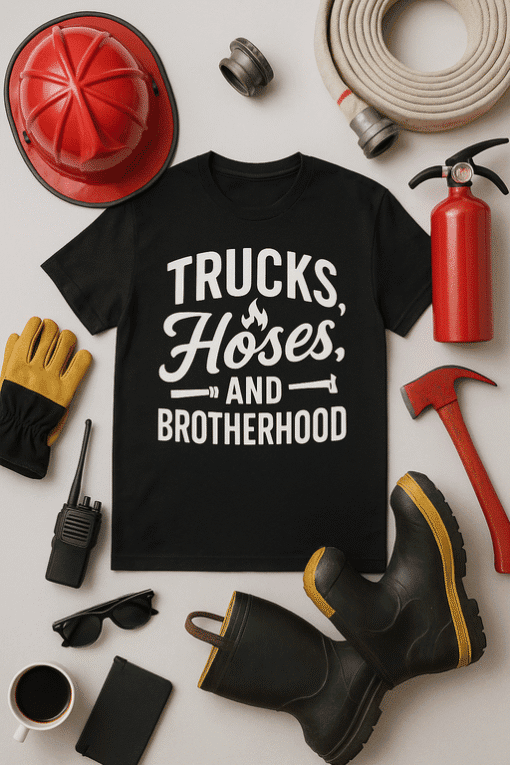 Firefighter-themed T-shirt for trucks, hoses, brotherhood, workwear, fire safety, men's T-shirt.