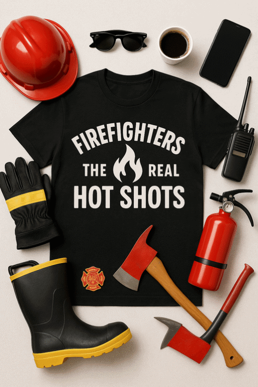 Firefighter t-shirt with fire safety tools and gear, firefighter apparel and accessories, firefighter merchandise for men and women.