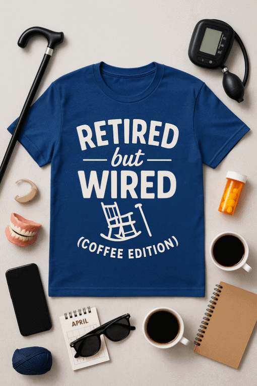 Witty retirement coffee T-shirt with humorous printed design for coffee lovers.