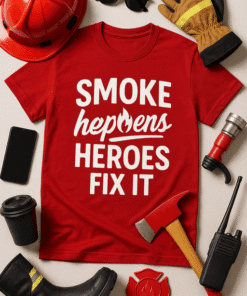 Welding Safety Gear and T-shirt with Smoke Happens Heroes Fix It slogan, Safety Equipment for Construction Workers, Tools, Helmet, Gloves.
