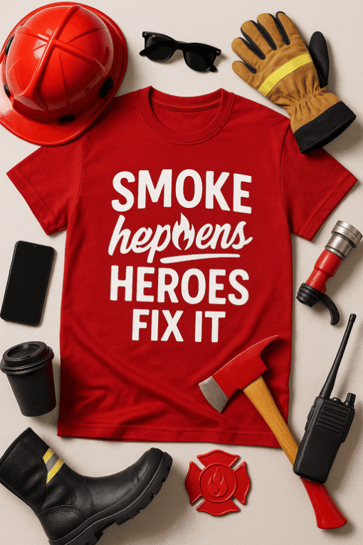 Welding Safety Gear and T-shirt with Smoke Happens Heroes Fix It slogan, Safety Equipment for Construction Workers, Tools, Helmet, Gloves.