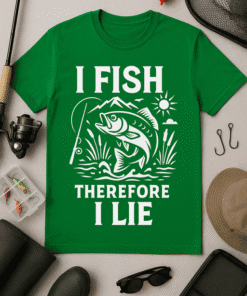 Fishing T-shirt with humorous "I FISH THEREFORE I LIE" slogan, perfect for anglers and fishing enthusiasts.