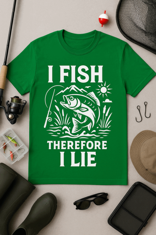 Fishing T-shirt with humorous "I FISH THEREFORE I LIE" slogan, perfect for anglers and fishing enthusiasts.