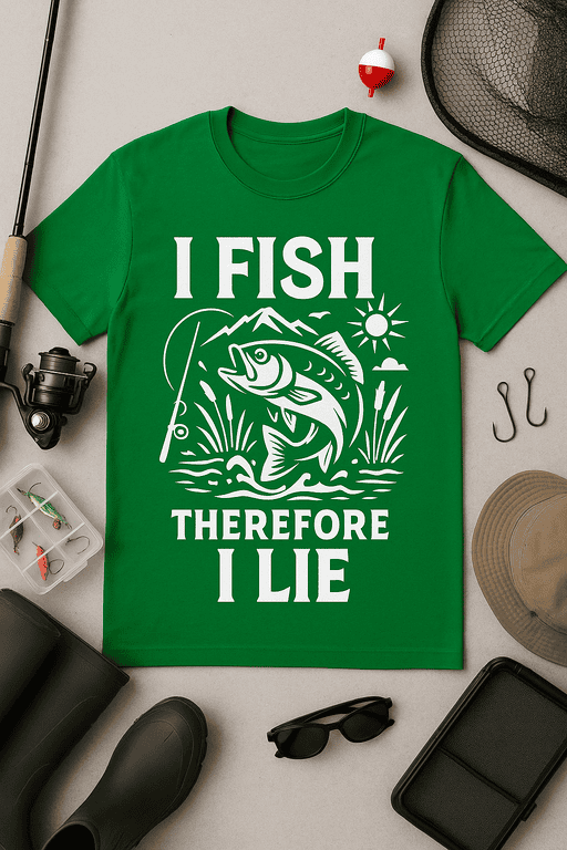 Fishing T-shirt with humorous "I FISH THEREFORE I LIE" slogan, perfect for anglers and fishing enthusiasts.