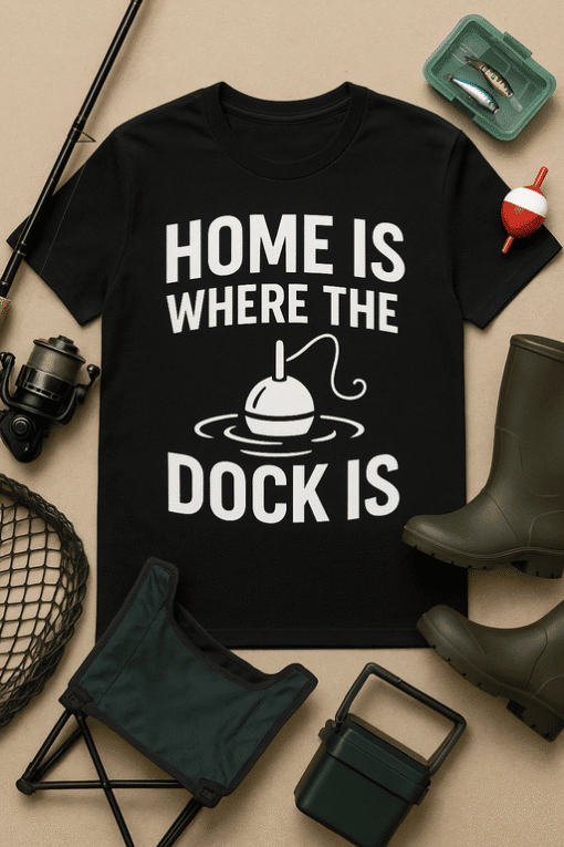 Fishing T-shirt with "Home is where the dock is" slogan for anglers and boat lovers. Perfect casual wear for fishing and boating enthusiasts.