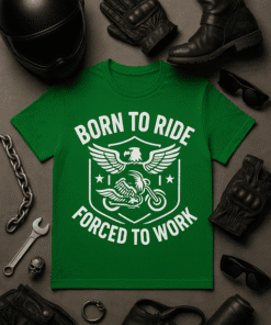 Sleek motorcycle-themed T-shirt with bold "Born to Ride" and "Forced to Work" print for bikers and motorcycle enthusiasts.